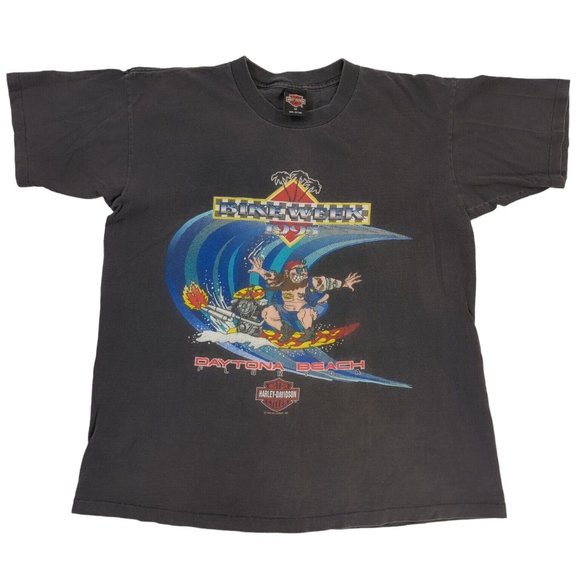 Harley Davidson VTG Holoubek Bike Week 1995 Daytona Beach Surfer Eagle Print Med